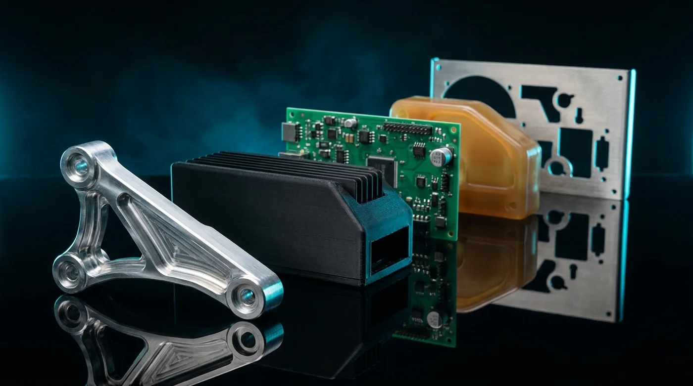 A lineup of Zios prototype parts — a machined aluminium bracket, a 3D-printed enclosure, a populated PCB, a cast urethane part and a laser-cut steel panel